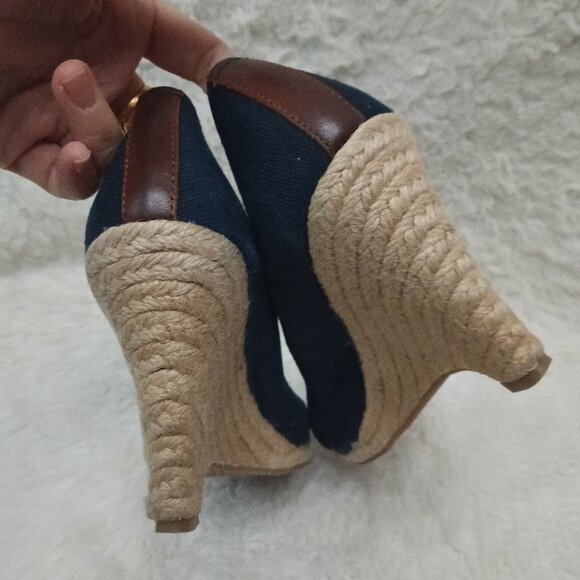 Michael Kors Women's Blue Gold MK Espadrille Wedge Peep Toe Sandals  6 1/2M - Picture 5 of 11